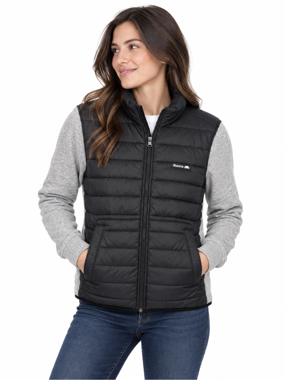 Roots Black Quilted Jacket with Grey Sleeves size M